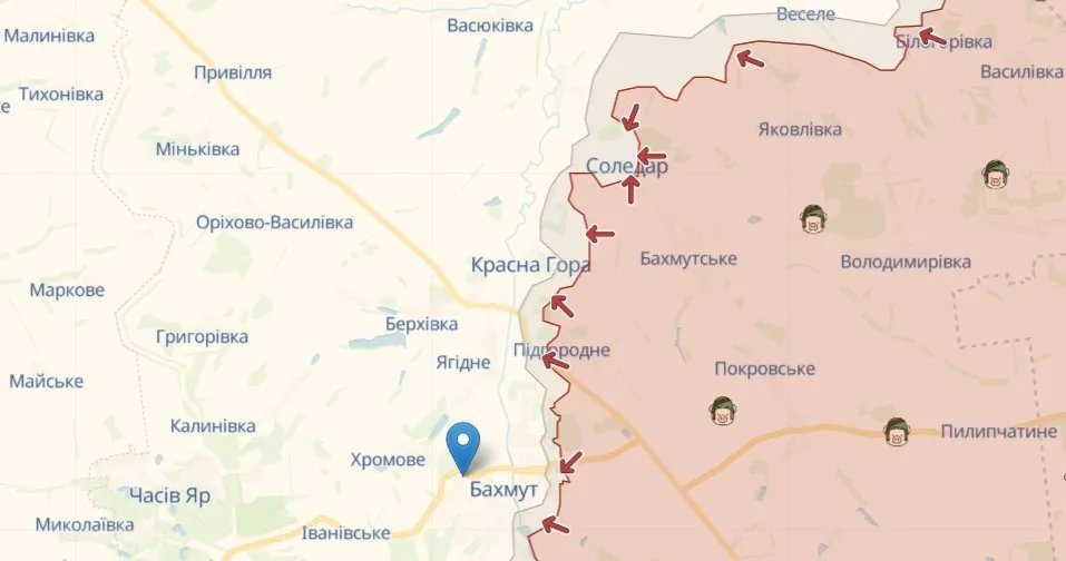 Бахмут і Соледар на карті, джерело: deepstatemap