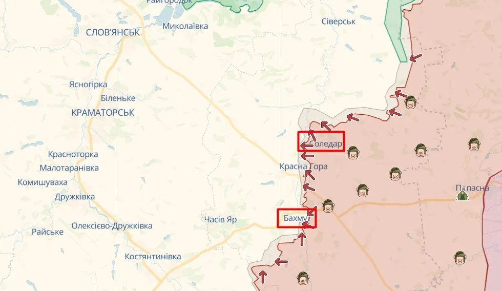 Соледар і Бахмут на карті, джерело: deepstatemap