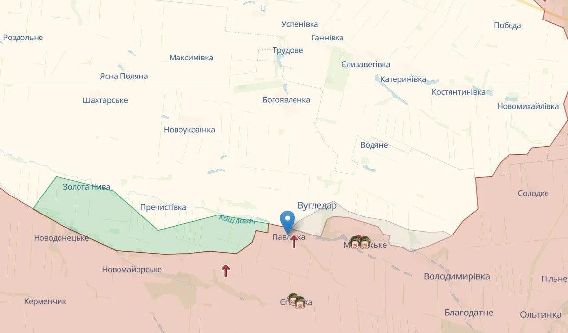 Угледар и Павловка на карте, источник: deepstatemap
