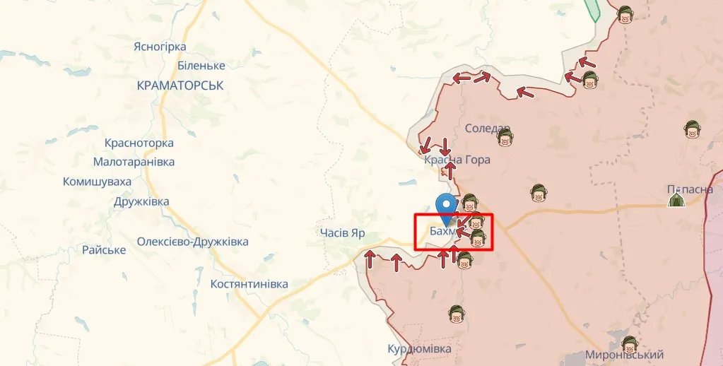 Бахмут на карті, джерело: deepstatemap