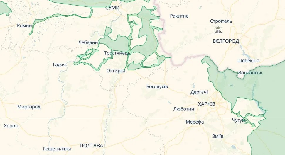 Харків та Бєлгород на карті, джерело: deepstatemap