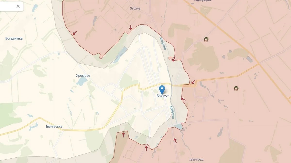 Ситуація в Бахмуті надзвичайно складна. Скрін: DeepStatemap Ситуація в Бахмуті надзвичайно складна. Скрін: DeepStatemap