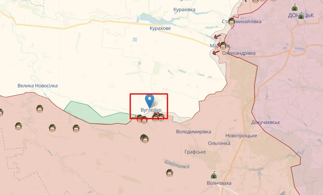 Вугледар на карті, джерело: deepstatemap