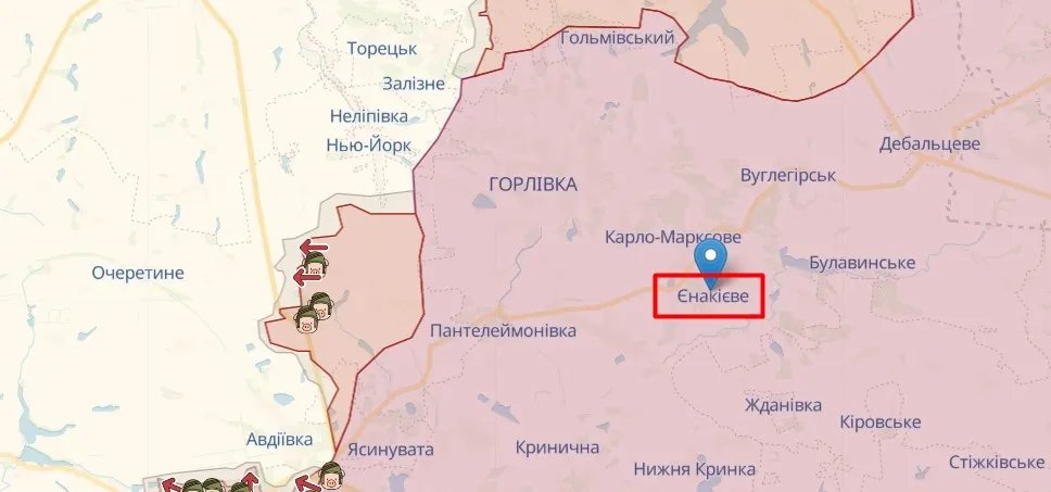 Єнакієве на карті, джерело: deepstatemap