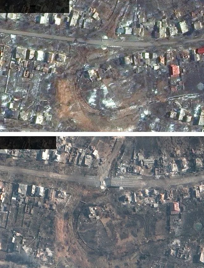 Верхнє фото зроблене 23 лютого, нижнє - 6 березня. Джерело: Maxar Technologies.
