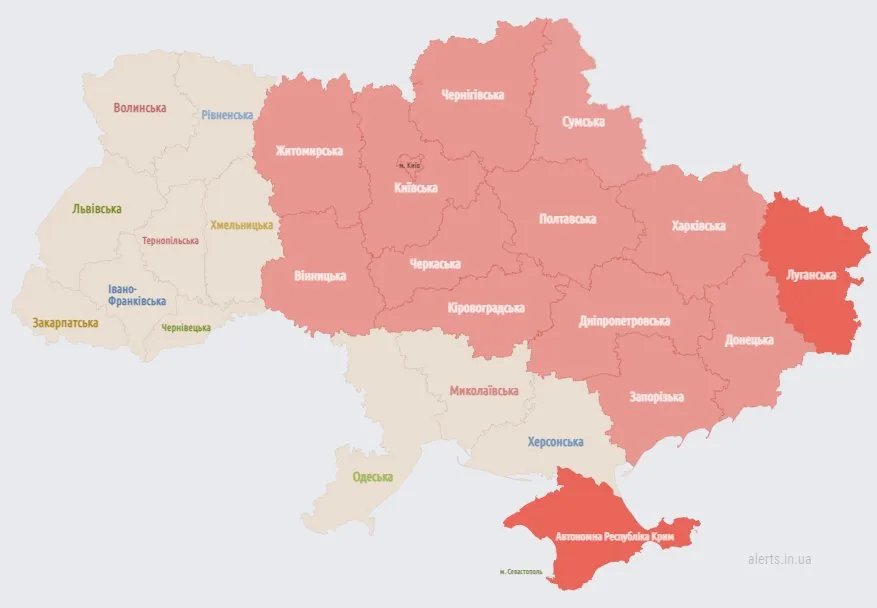 Мапа повітряних тривог станом на 13:19