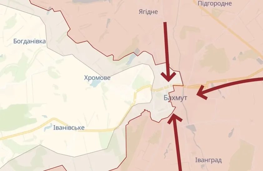 Бої у Бахмуті йдуть з трьох боків одразу, джерело: неофіційна карта фронту від аналітиків DeepState