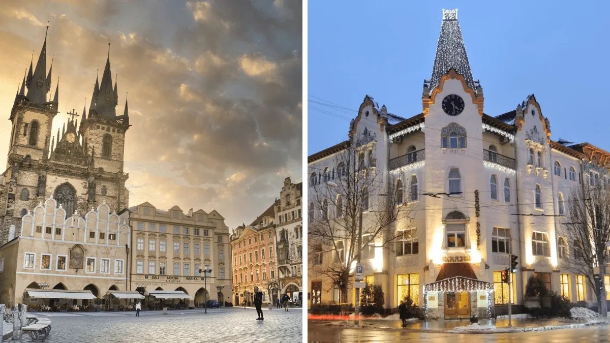 Готель «Україна» у Дніпрі (праворуч) дуже нагадує куточок старої Праги