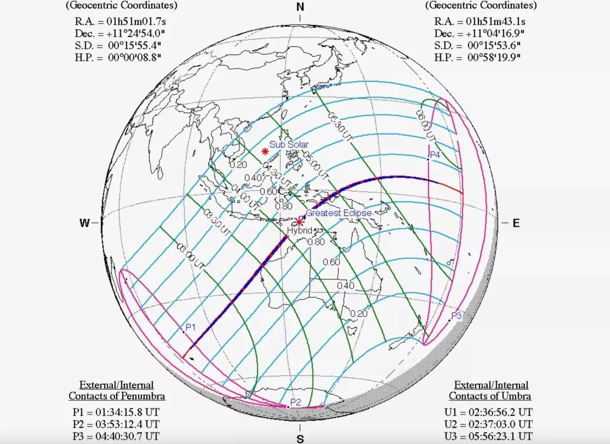 Карта показывает, где можно увидеть гибридное солнечное затмение 20 апреля 2023 года