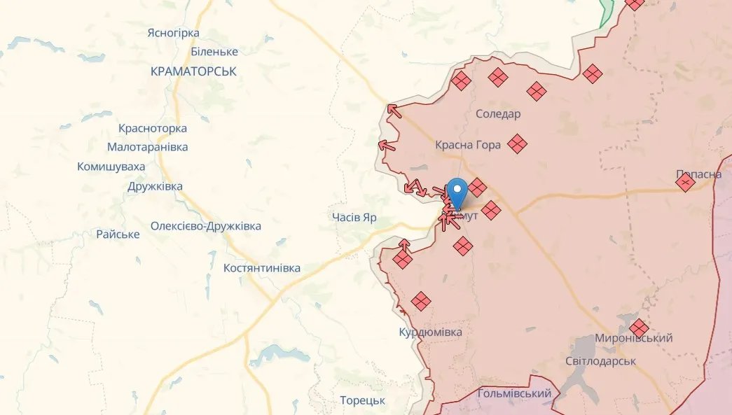Бахмут на неофіційній карті фронту від аналітиків DeepState
