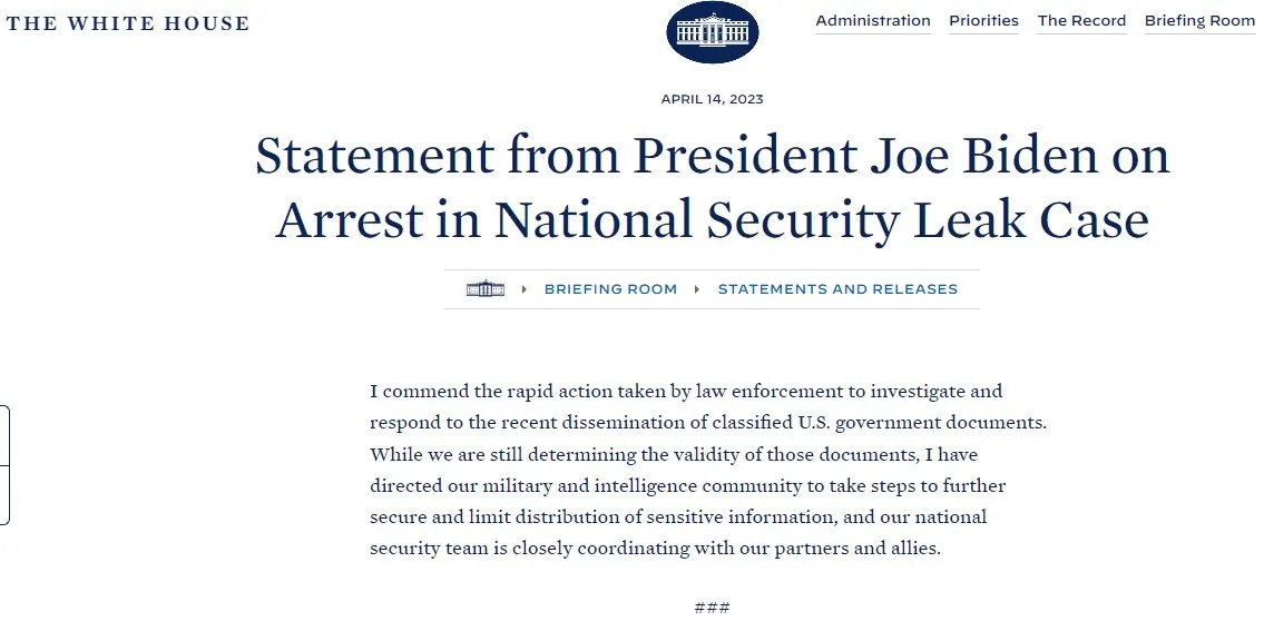 Джо Байден вперше відреагував на витік документів з Пентагону 1