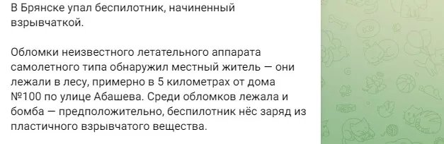Під російським Брянськом упав безпілотник, начинений вибухівкою 1