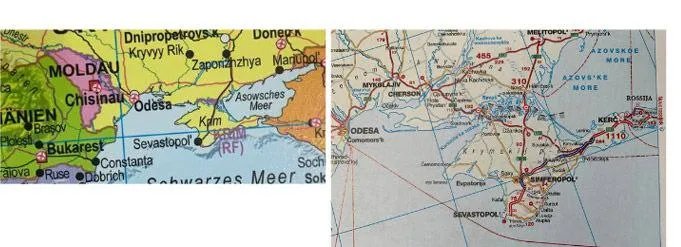 Между Украиной и Крымом изображена государственная граница, а также полуостров обозначен как россия