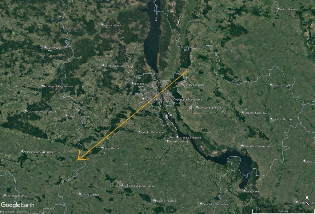 Траєкторія боліду в Україні 19 квітня 2023 року. Джерело: ІМО Траєкторія боліду в Україні 19 квітня 2023 року. Джерело: ІМО