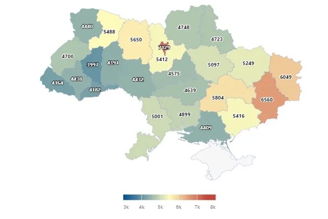 Середня пенсія по областях України, джерело: Opendatabot
