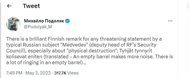 Подоляк на заклик Медвєдєва убити Зеленського відреагував фінським прислів'ям 1
