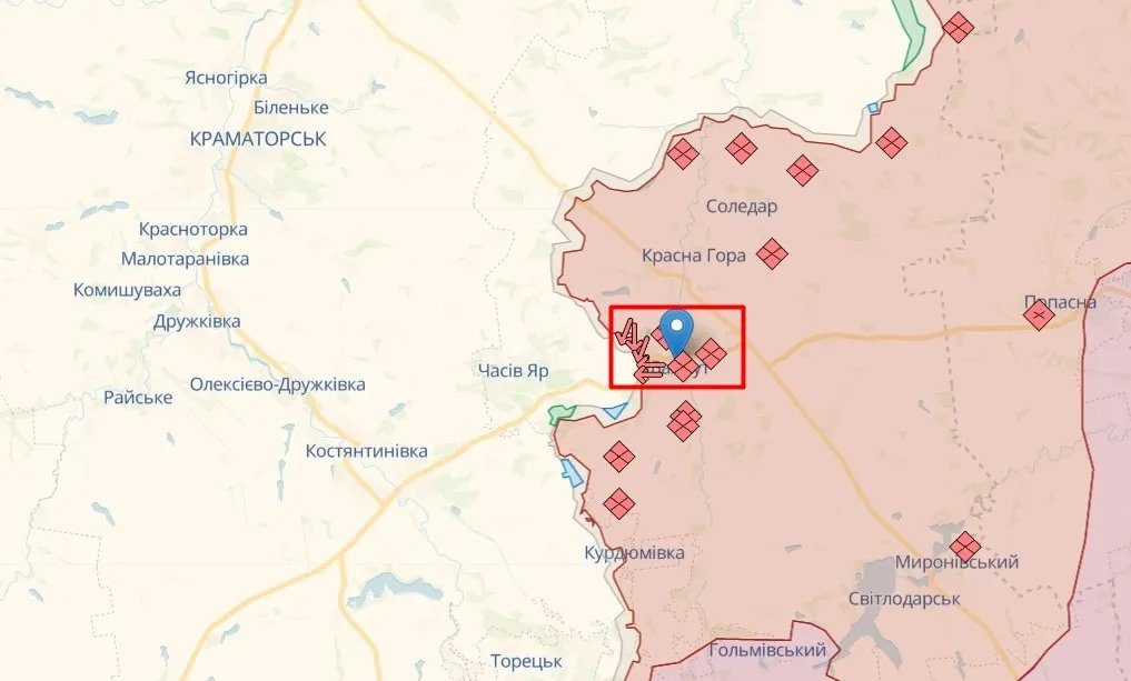 Бахмут на неофіційній карті фронту від аналітиків DeepState