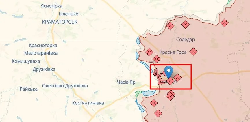 Бахмут на неофіційній карті фронту, джерело: DeepState