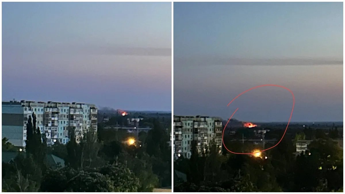 Пожежа у районі аеропорту в Бердянську після серії вибухів 21 травня. Фото: Бердянськ сьогодні Пожежа у районі аеропорту в Бердянську після серії вибухів 21 травня. Фото: Бердянськ сьогодні