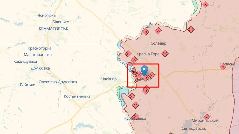 Бахмут на неофіційній карті фронту, джерело: DeepState