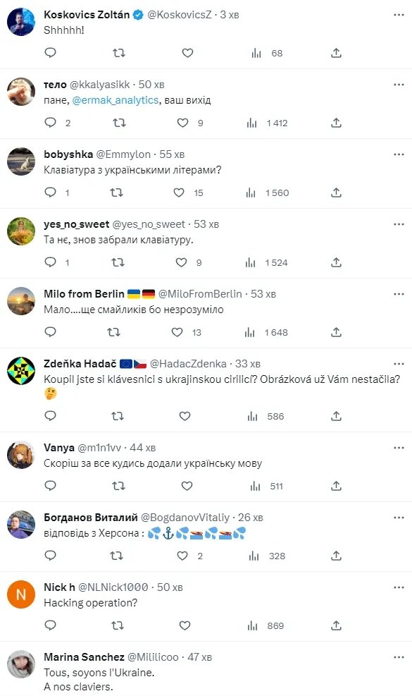 Дискусія у коментарях під постом Єрмака в Twitter