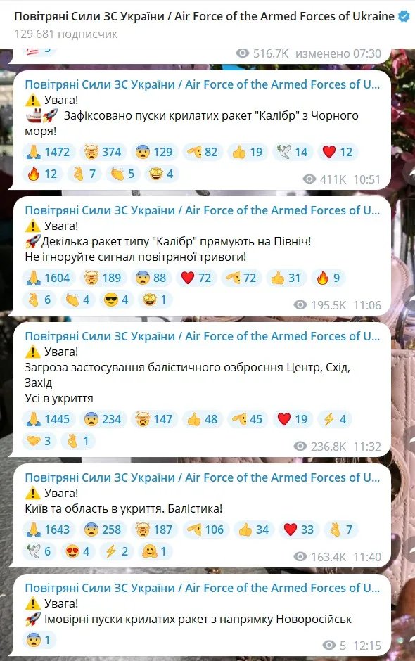 Сповіщення Повітряних сил ЗСУ про загрозу пусків ракет