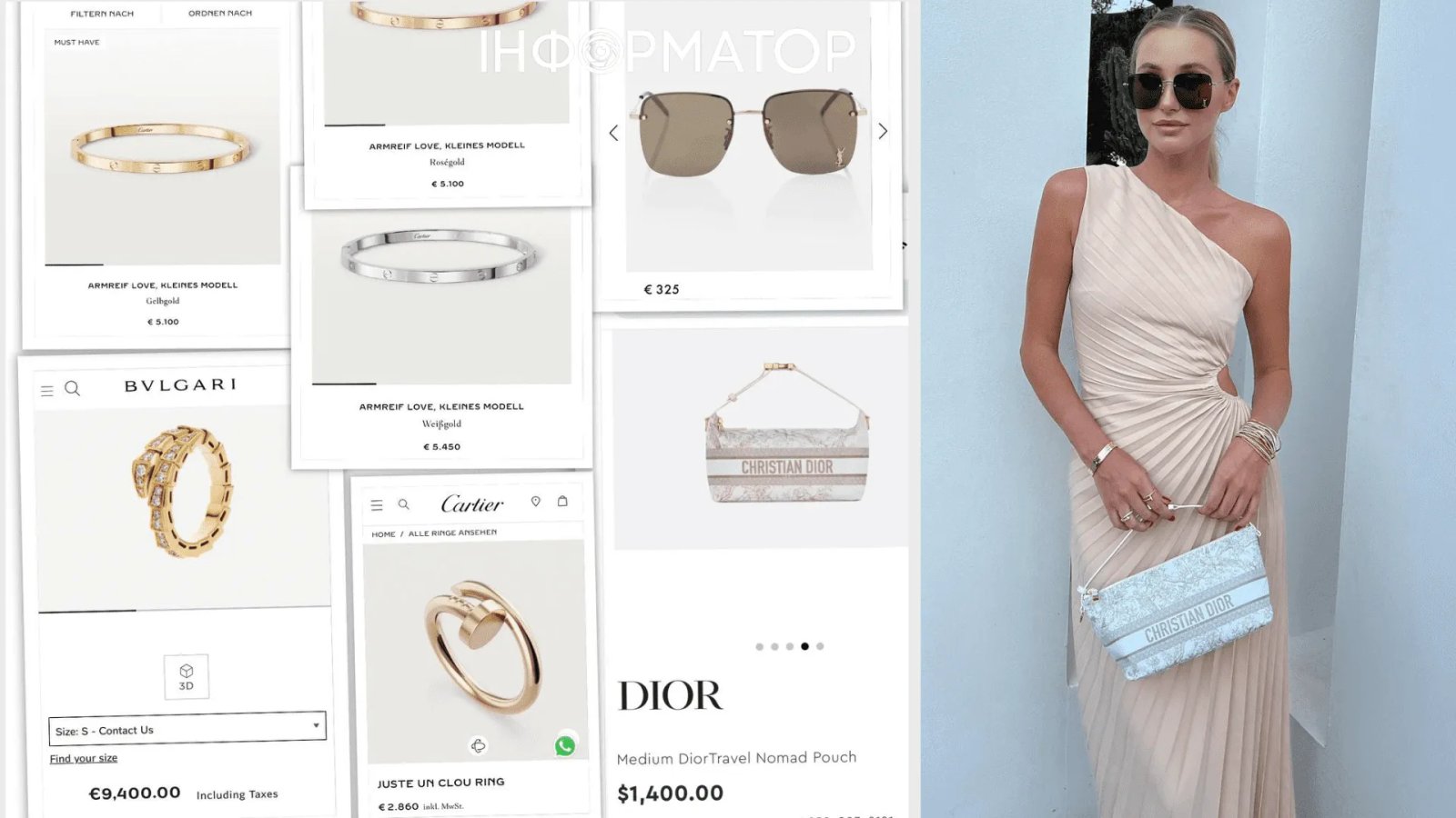 Ми розпізнали трендову сумочку з канви від Dior, на пальцях суперпопулярну каблучку-цвях від Cartier, каблучку-змію від Bulgari інкрустовану діамантами, та три браслети Love від Cartier з жовтого, білого та рожевого золота.