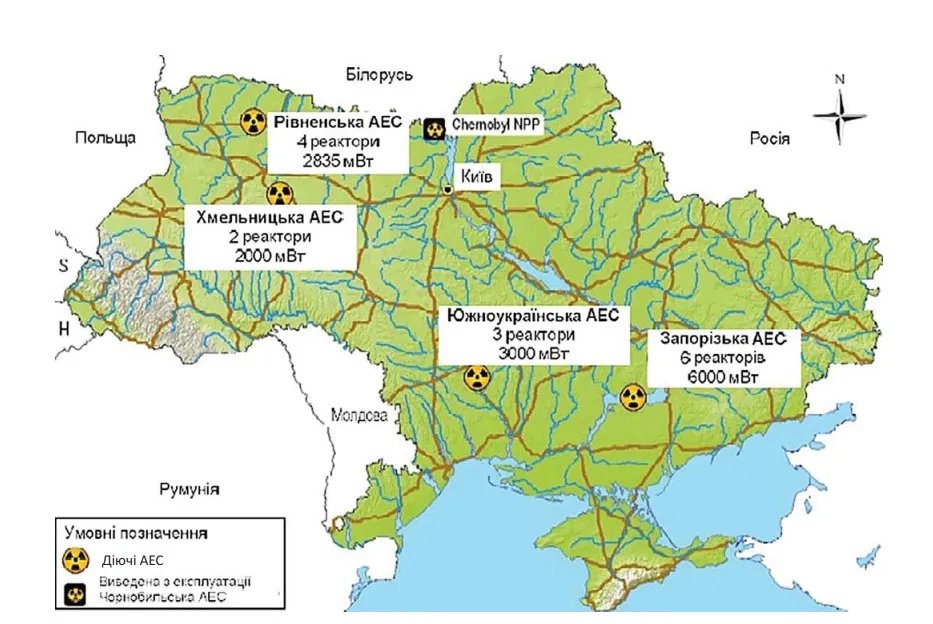 Карта расположения атомных электростанций в Украине