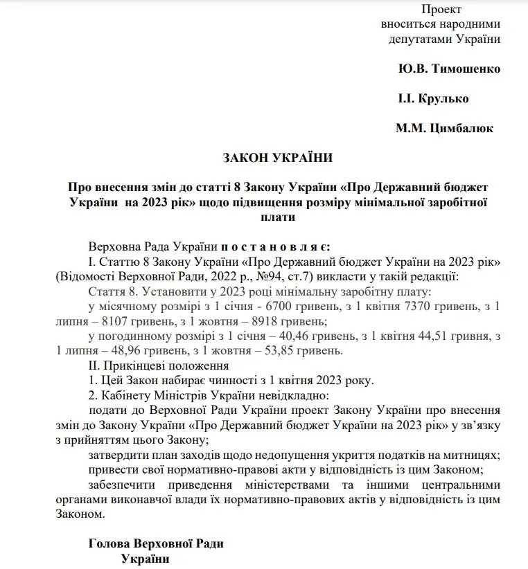 Законопроєкт, яким пропонують збільшити мінімалку