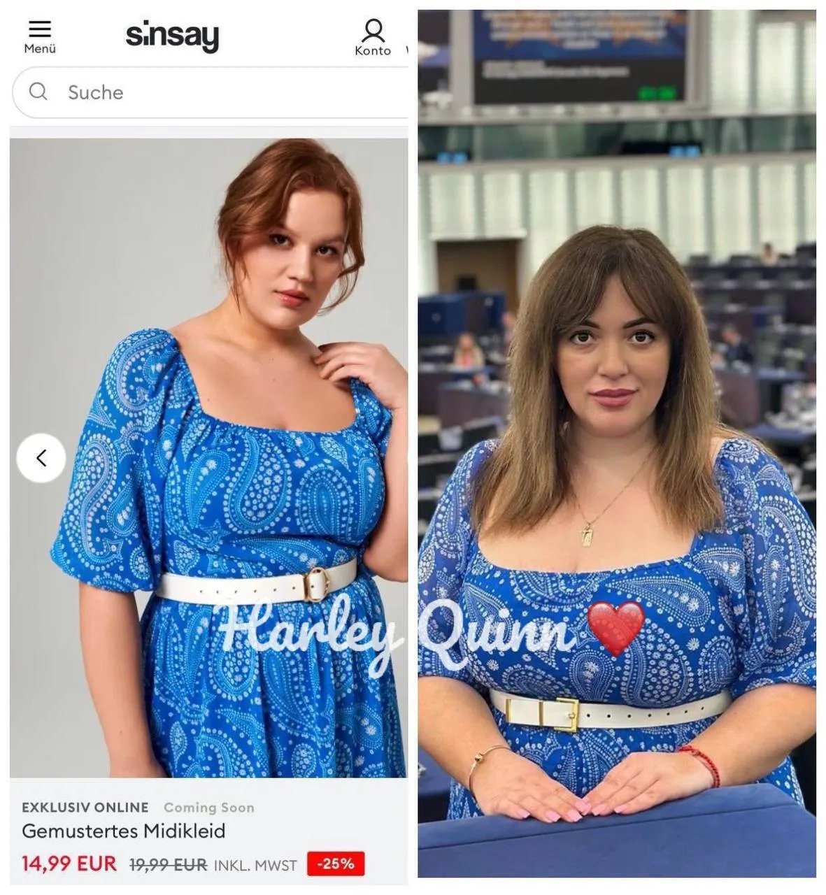 Блакитна сукня у візерунок "пейслі" на моделі Plus Size коштує 15 євро
