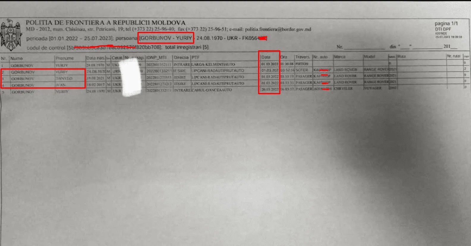 Документ від молдовських прикордонників щодо перетину кордону Юрієм Горбуновим