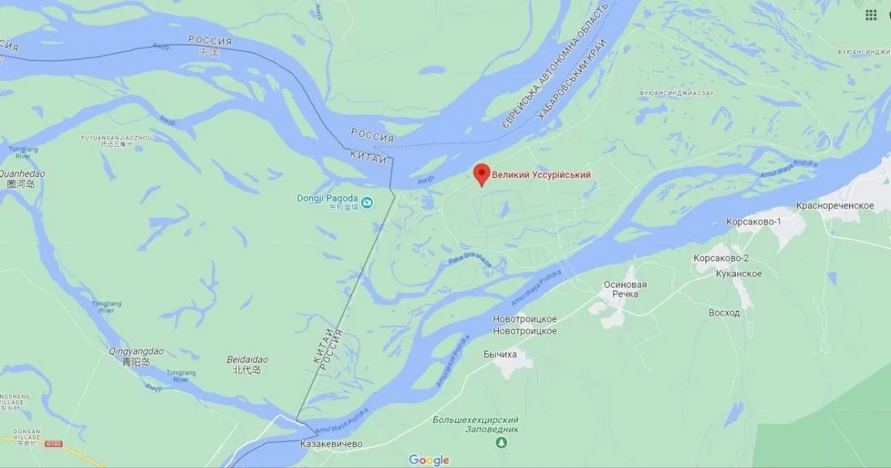 Настоящая граница на Большом Уссурийском острове. Данные: Goggle maps