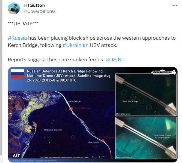 Супутник відзняв російські баржі біля Кримського мосту, якими окупанти сподіваються захистити його від морських дронів - фото 1
