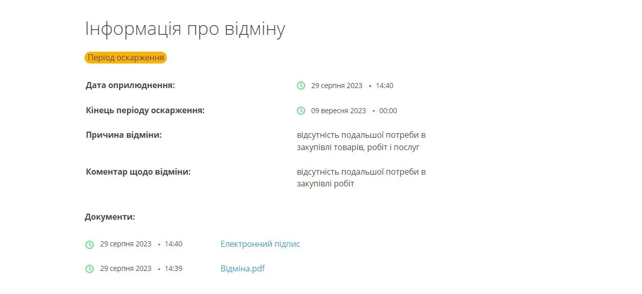 Дані про скасування скандального тендеру
