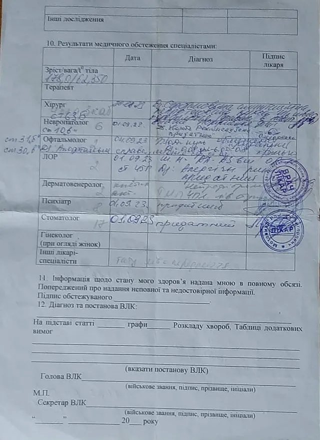 Результаты обследования во время прохождения ВЛК