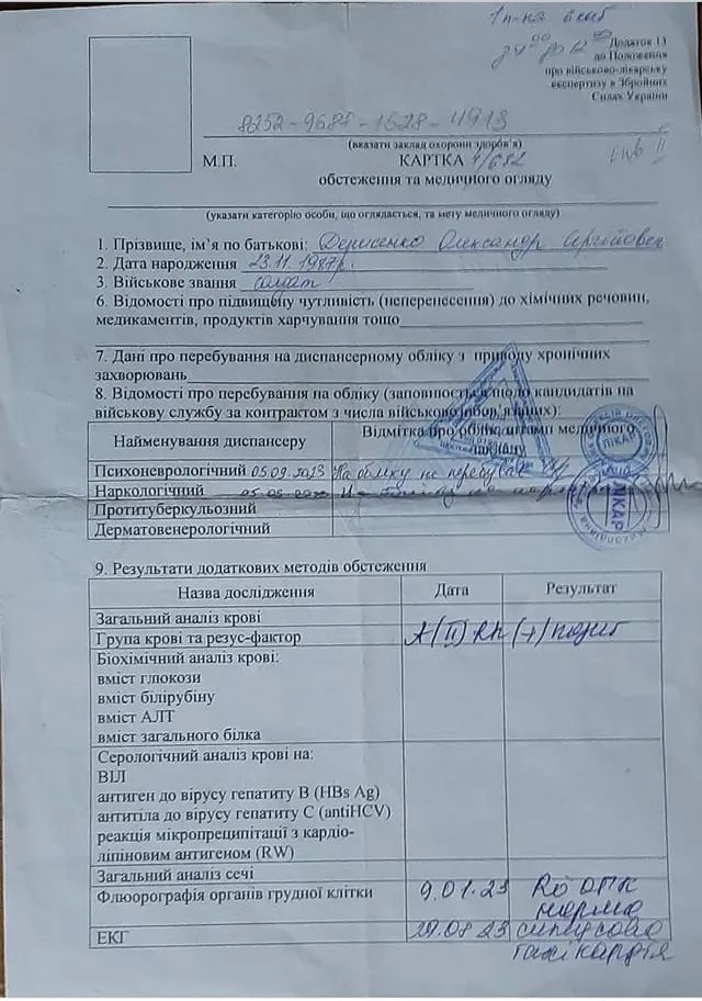 Карточка обследования и медицинского осмотра