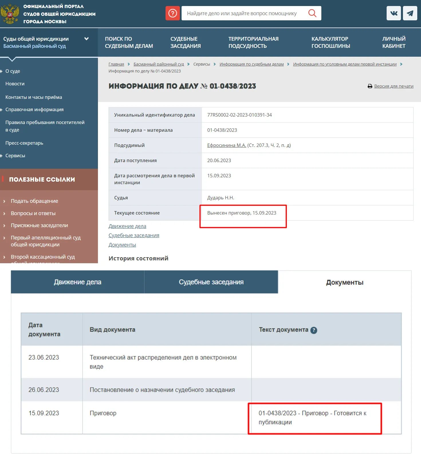 Деталі справи щодо Єфросиніної в російській судовій системі