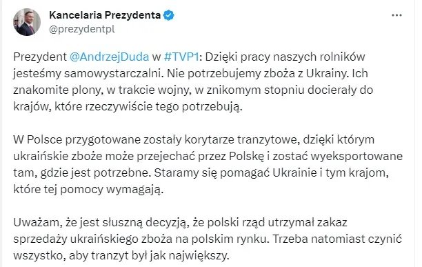 Новое заявление Дуды: Польше не нужно украинское зерно, но в споре с Украиной нашли компромисс 1