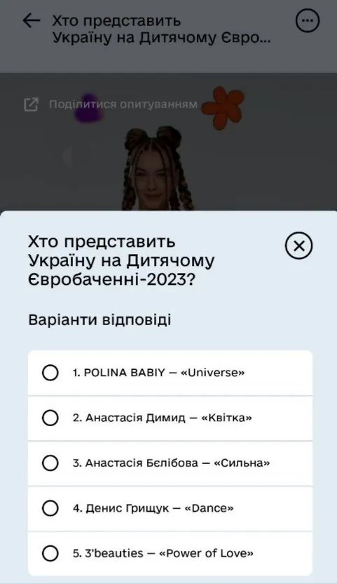 Варіанти відповідей в опитуванні "Хто представить Україну на Дитячому Євробаченні -2023