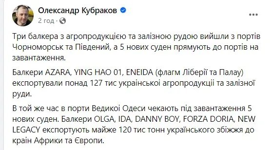 Зернові коридори працюють: з двох українських портів вийшли три кораблі під іноземними прапоорами 1