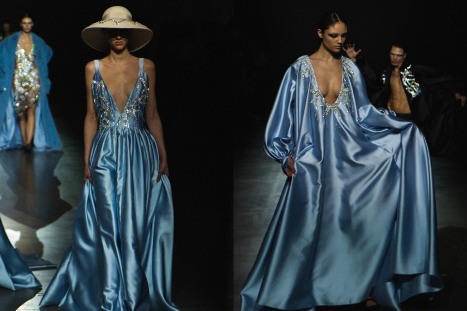 В гипертрофированных рукавах и силуэтах моделей из тафты можно заметить новое прочтение романтической готики. Цвета коллекции - черный и голубой