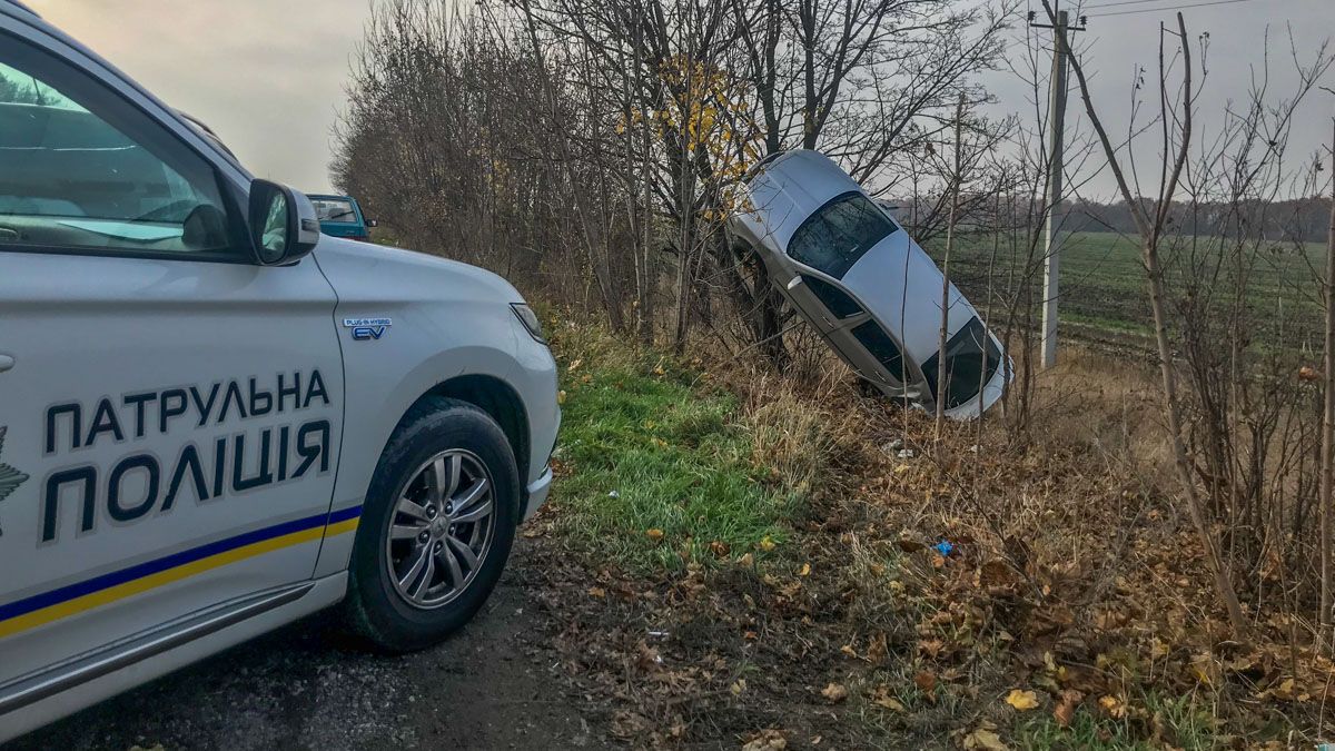 На выезде из Днепра Skoda повисла на дереве