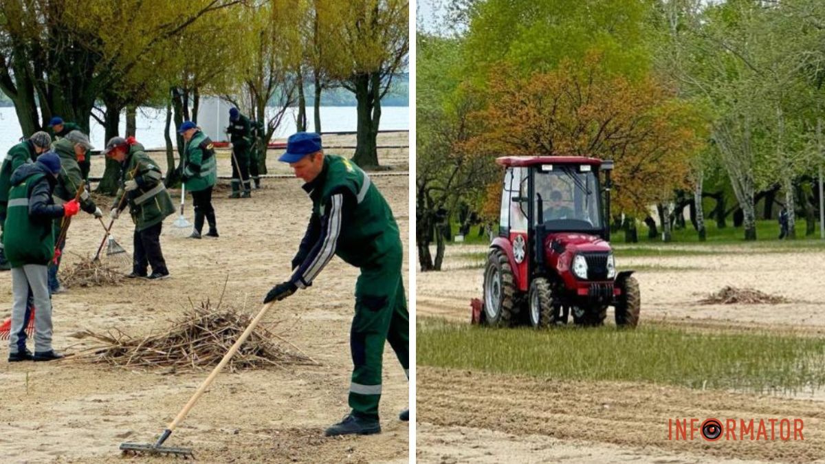 Прибирають мушлі, водорості та очерет: у Дніпрі приводять до ладу пляж на Монастирському острові