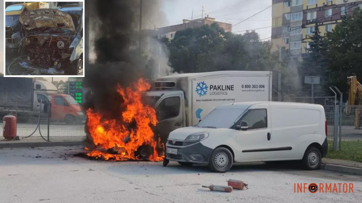 У Дніпрі біля АЗС “ОККО” на Марії Лисиченко загорівся Mercedes Sprinter: вогонь перекинувся на вантажівку та легковик