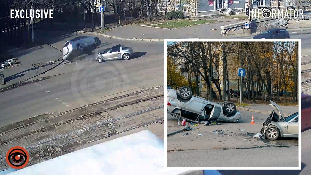 Видео момента ДТП: в Днепре на Богдана Хмельницкого Toyota перевернулась после столкновения со Smart