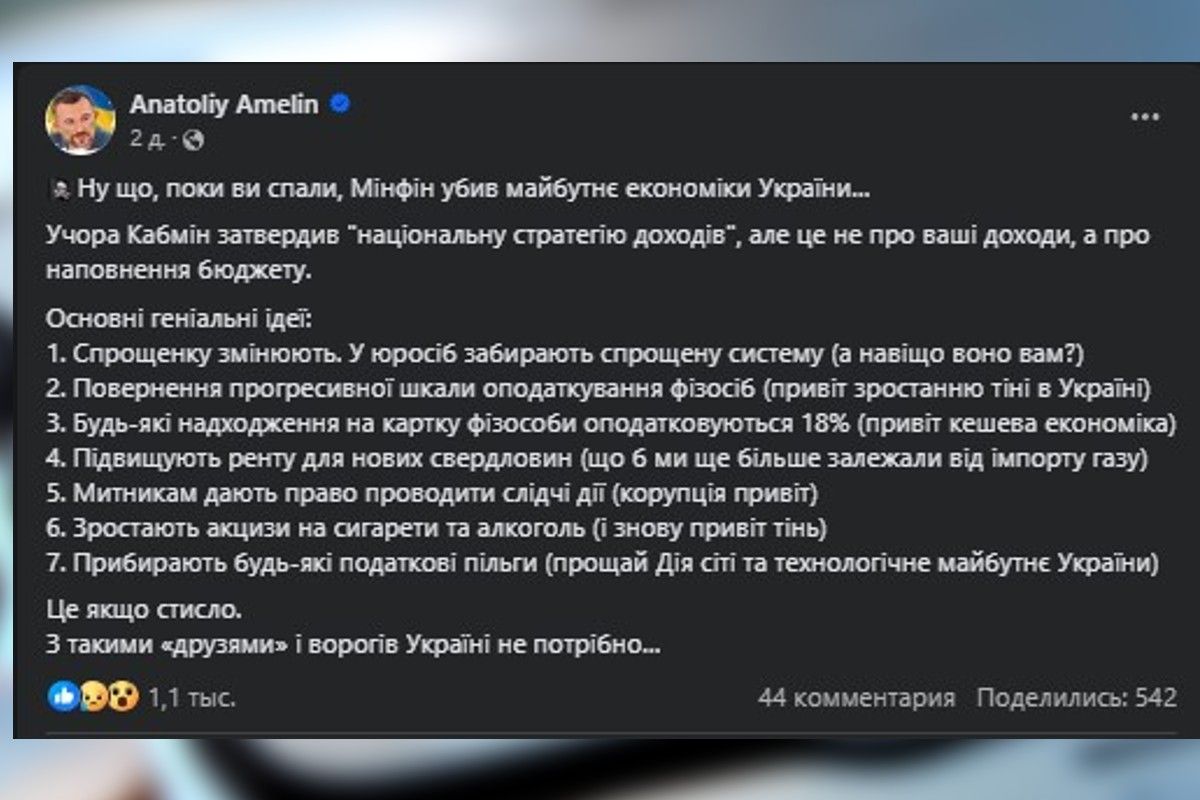 Публікація Анатолія Амеліна у Facebook