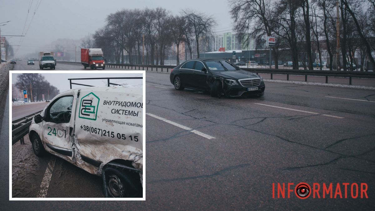 В Днепре на Запорожском шоссе водитель Mercedes столкнулся с Fiat и с трудом остановил авто в десятках метров