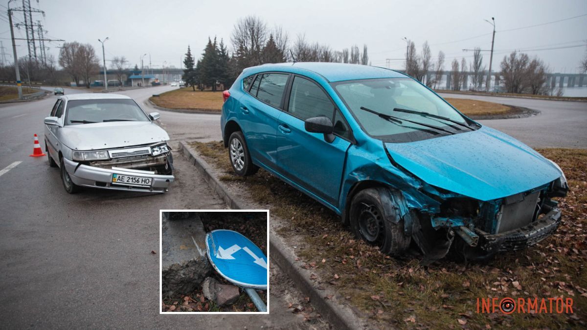 У Дніпрі на Заводській біля АЗС “БРСМ” Subaru після зіткнення з ВАЗ вилетів за межі дороги