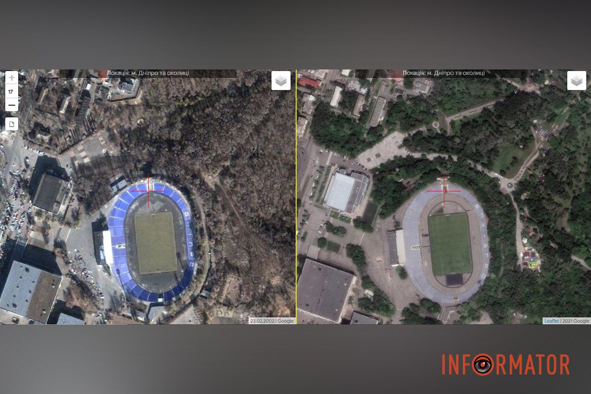 Сидіння на стадіоні "Метеор" у 2002 році ще були яскраво-синіми, а ось парк "Зелений гай" тоді ще не впорядкували Сидіння на стадіоні "Метеор" у 2002 році ще були яскраво-синіми, а ось парк "Зелений гай" тоді ще не впорядкували