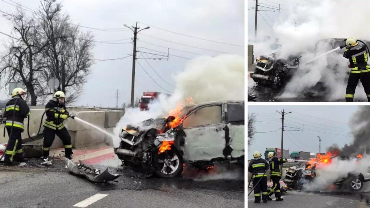 У Кам'янському районі Lexus врізався у блокпост: автівка загорілась, постраждав поліцейський